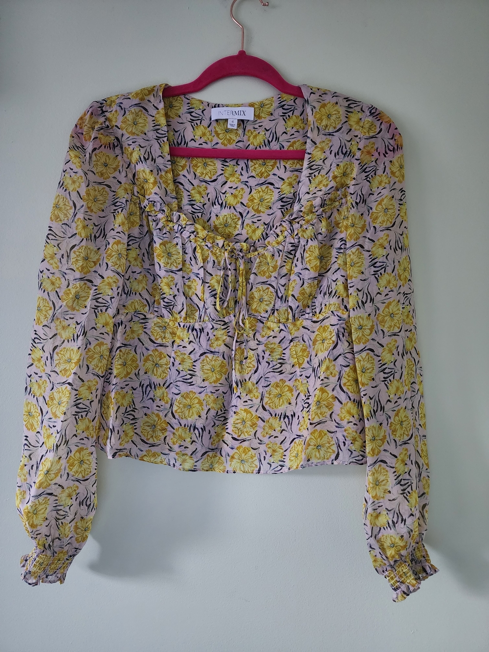 INTERMIX 100% Silk Lavender Floral Tie-Neck Long-Sleeve Blouse